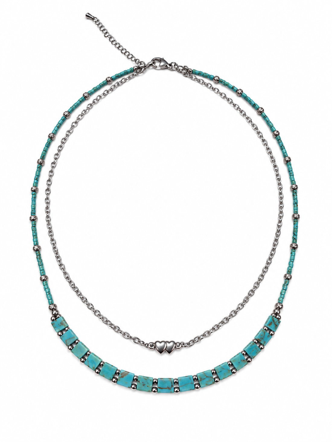 Colier dublu Turquoise Hearts - bijuterii - coliere - coliere din mărgele - Artynos.ro