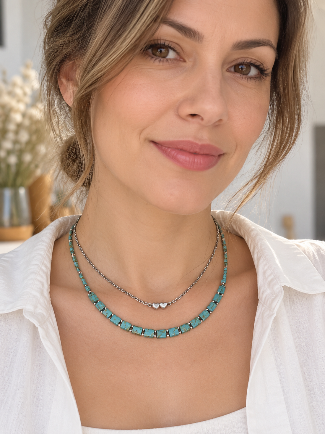 Colier dublu Turquoise Hearts - bijuterii - coliere - coliere din mărgele - Artynos.ro