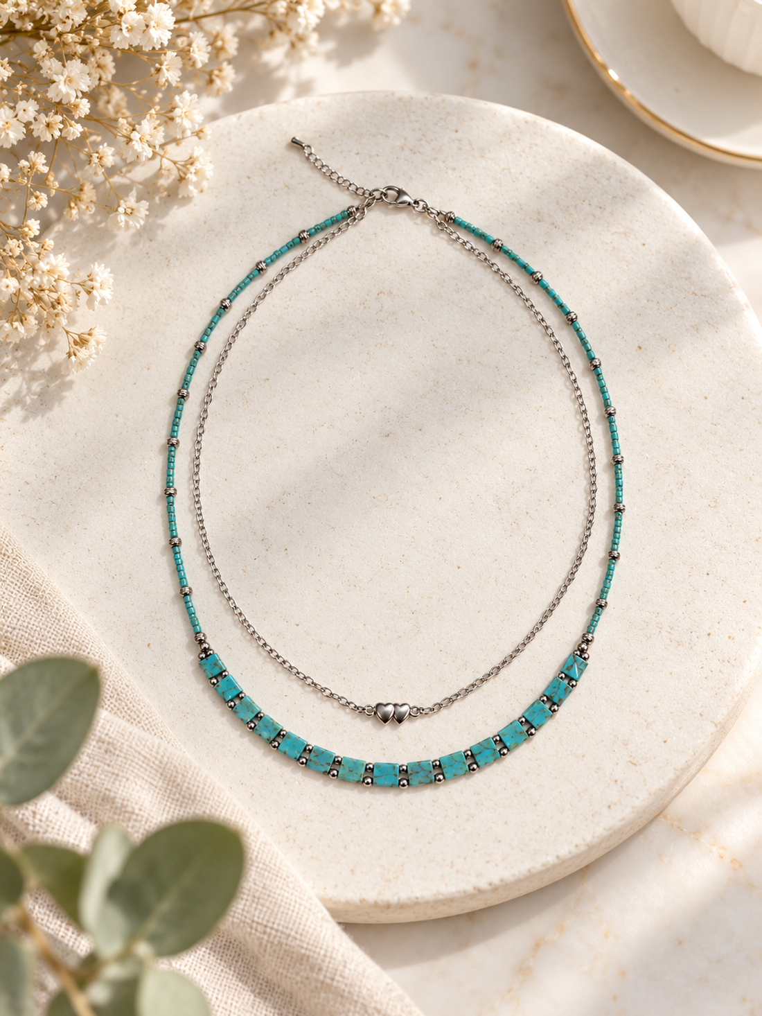 Colier dublu Turquoise Hearts - bijuterii - coliere - coliere din mărgele - Artynos.ro