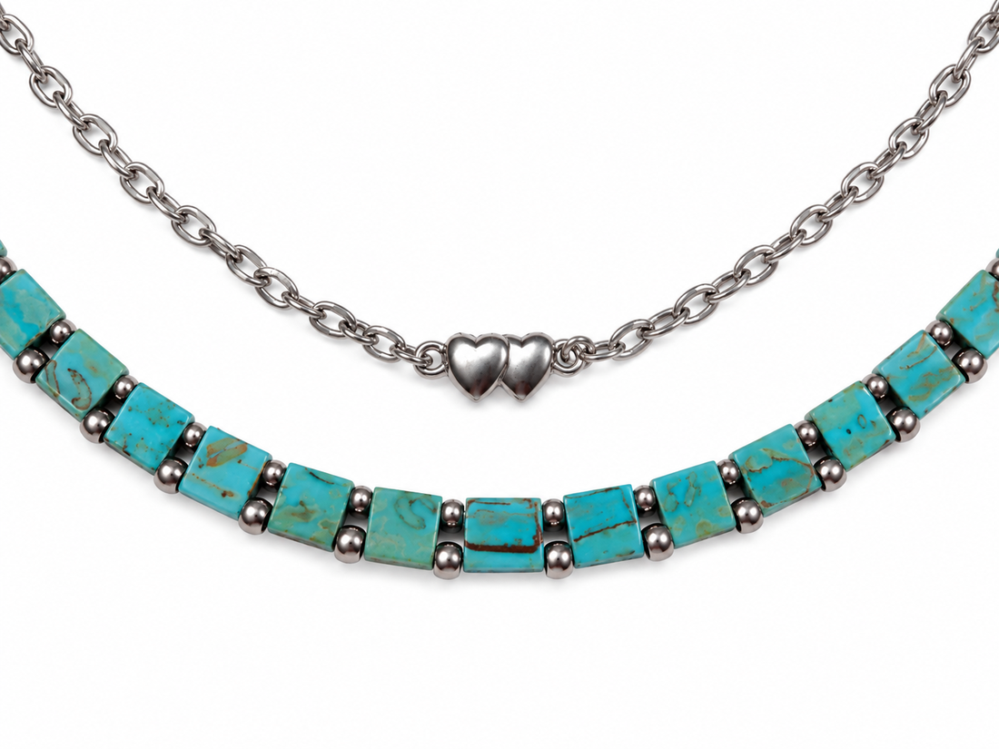Colier dublu Turquoise Hearts - bijuterii - coliere - coliere din mărgele - Artynos.ro