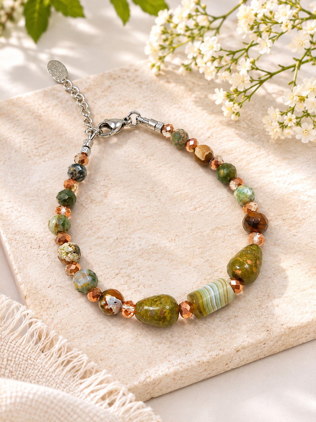 Brățară handmade cu unakit, jasp ocean și agat dantelă - bijuterii - brățări - brățări din pietre semiprețioase - Artynos.ro