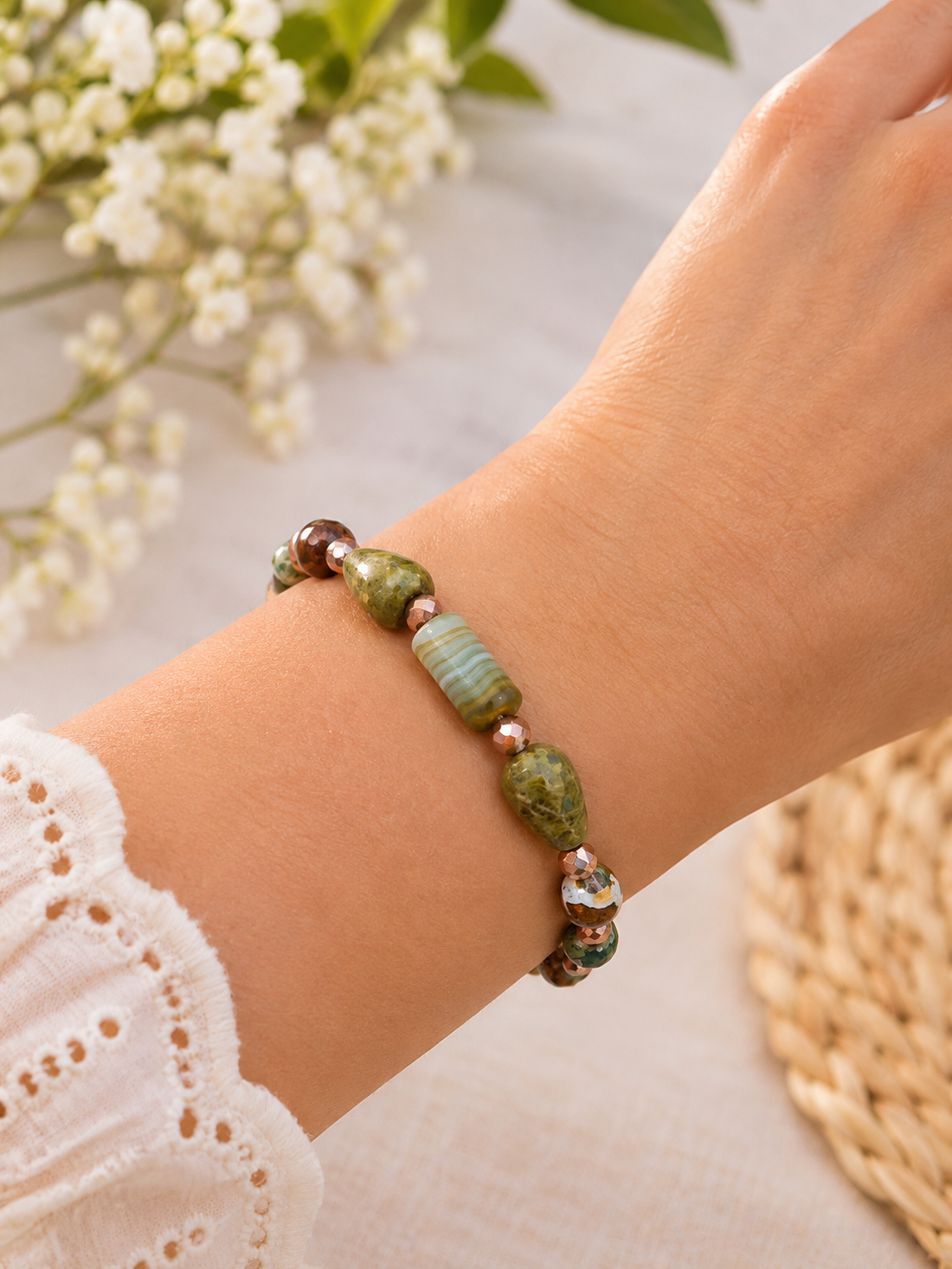 Brățară handmade cu unakit, jasp ocean și agat dantelă - bijuterii - brățări - brățări din pietre semiprețioase - Artynos.ro