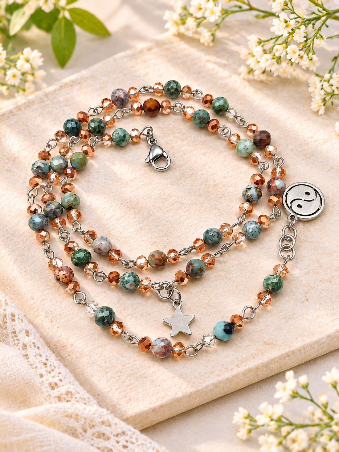Brățară triplu șir cu larimar și cristale fațetate � bijuterie versatilă handmade - bijuterii - brățări - brățări din pietre semiprețioase - Artynos.ro