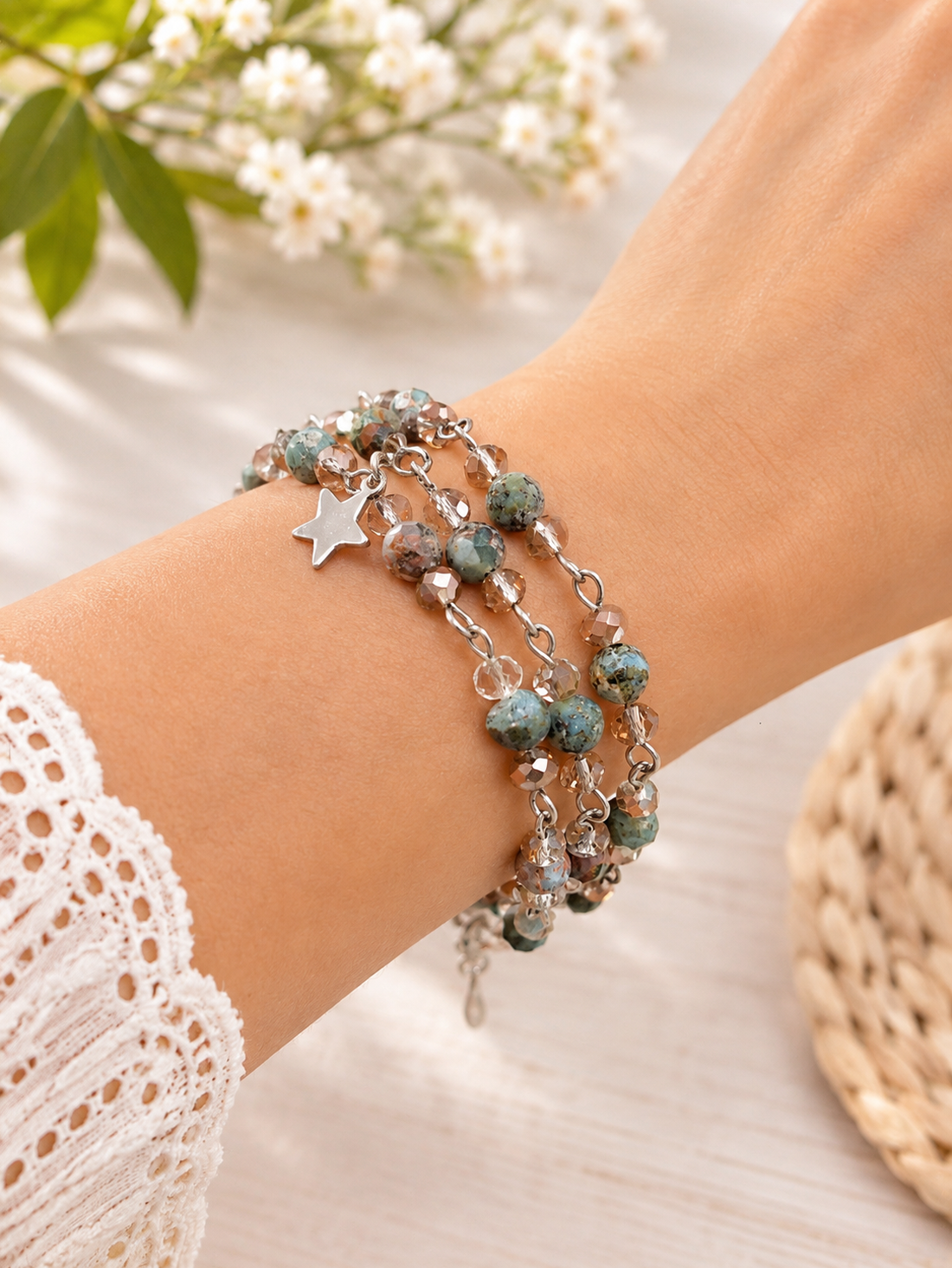Brățară triplu șir cu larimar și cristale fațetate � bijuterie versatilă handmade - bijuterii - brățări - brățări din pietre semiprețioase - Artynos.ro