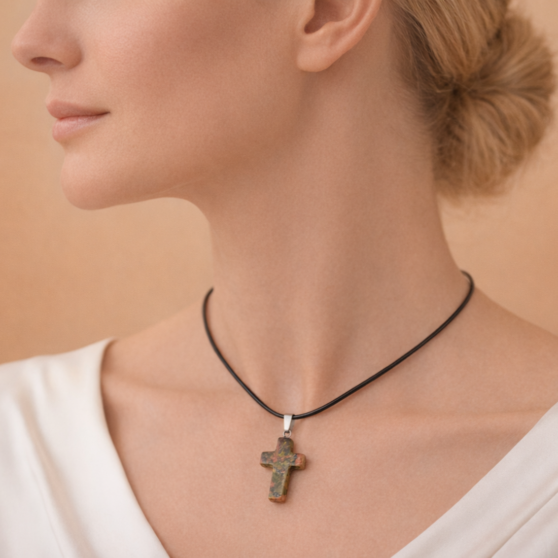 Colier cu Cruce din Unakit � Piele Naturală 44 cm � Talisman Protector Unisex - bijuterii - coliere - pandative - Artynos.ro