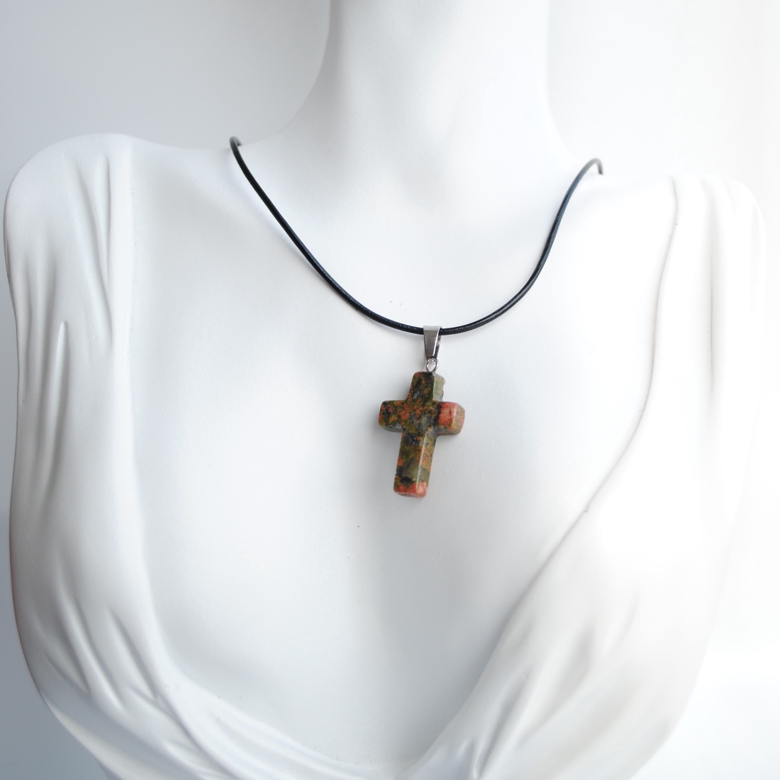 Colier cu Cruce din Unakit � Piele Naturală 44 cm � Talisman Protector Unisex - bijuterii - coliere - pandative - Artynos.ro