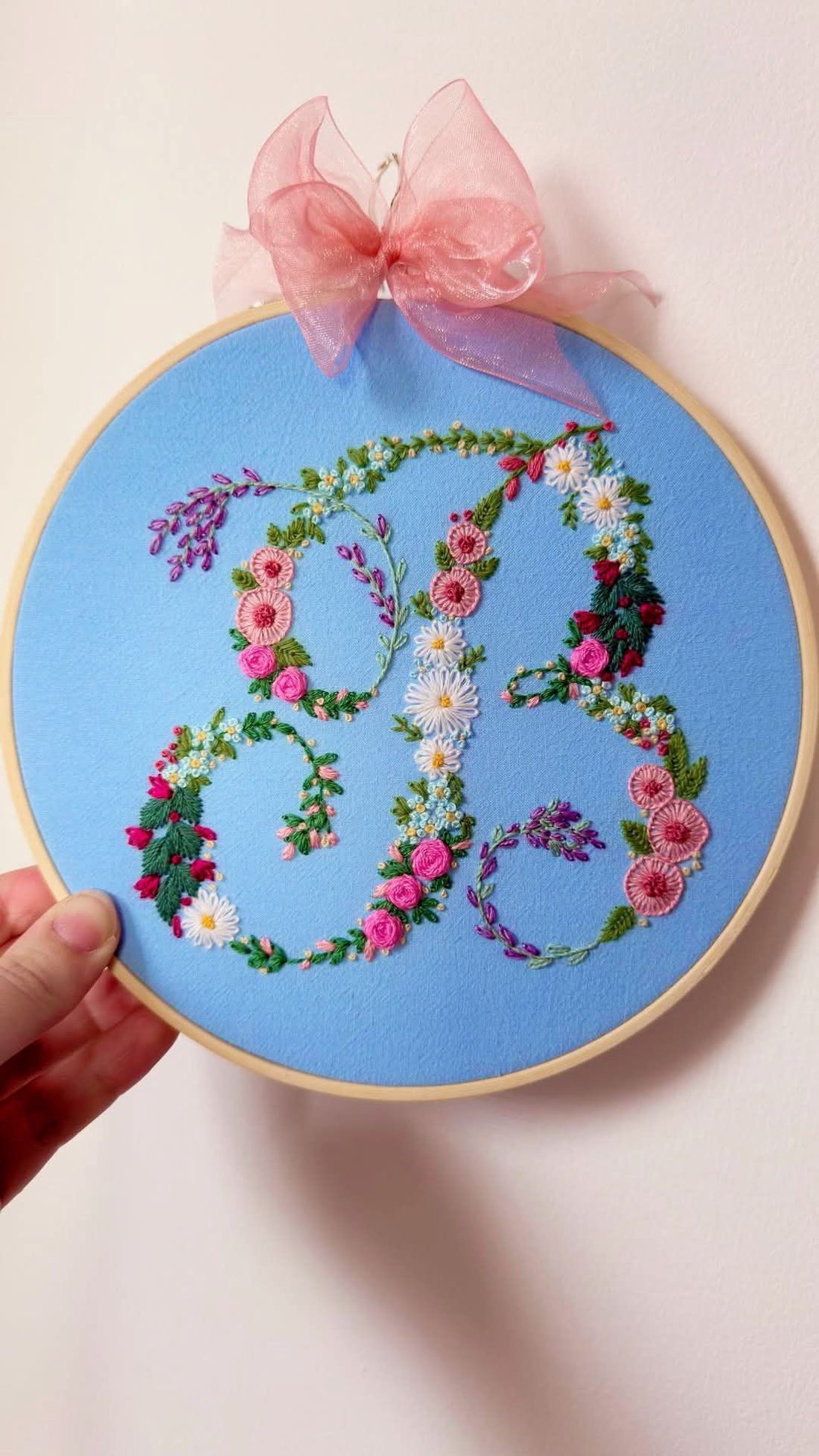 Initiala numelui brodata cu flori - arte vizuale și accesorii  - imagini cu broderii - alte tablouri textil - Artynos.ro