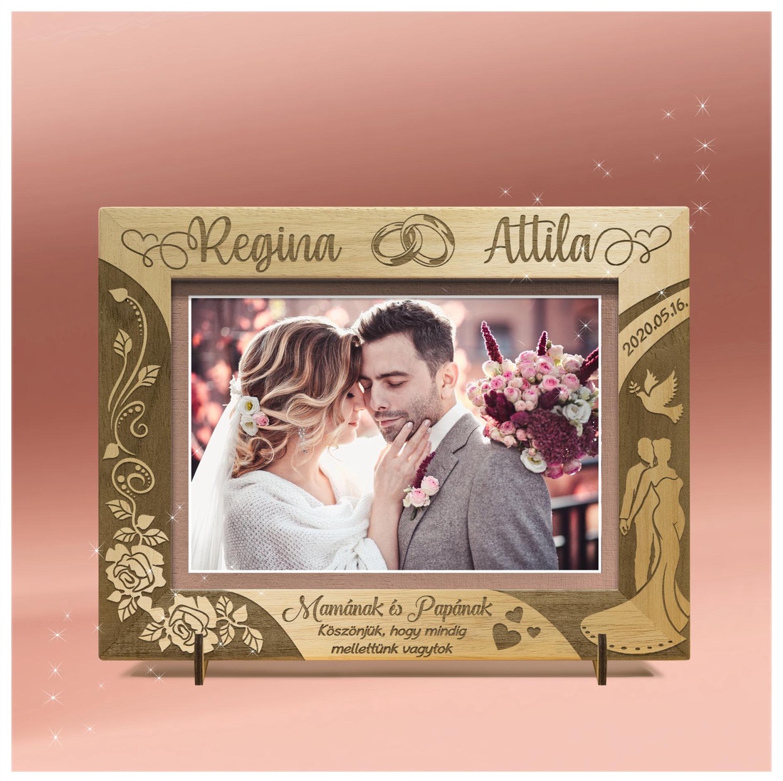 Ramă foto gravată personalizat, disponibilă pentru nuntă sau logodnă. - accesorii nuntă - amintiri și cadouri de nuntă - cadou nuntă - ramă foto cu pușculiță de bani - Artynos.ro