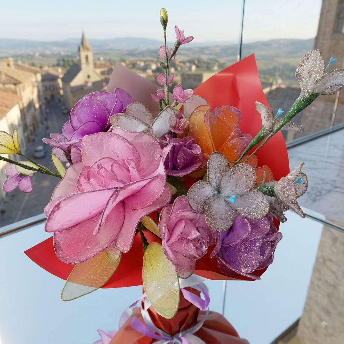 Buchet floral decorativ din dres/organza în nuanțe de roz, violet și fucsia cu sclipici fin - casă & stil de viață - decorațiuni de casă - accesorii florale - buchete de flori - Artynos.ro