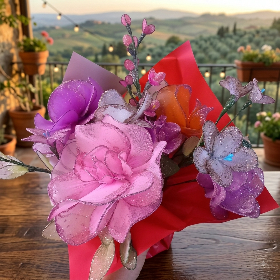 Buchet floral decorativ din dres/organza în nuanțe de roz, violet și fucsia cu sclipici fin - casă & stil de viață - decorațiuni de casă - accesorii florale - buchete de flori - Artynos.ro