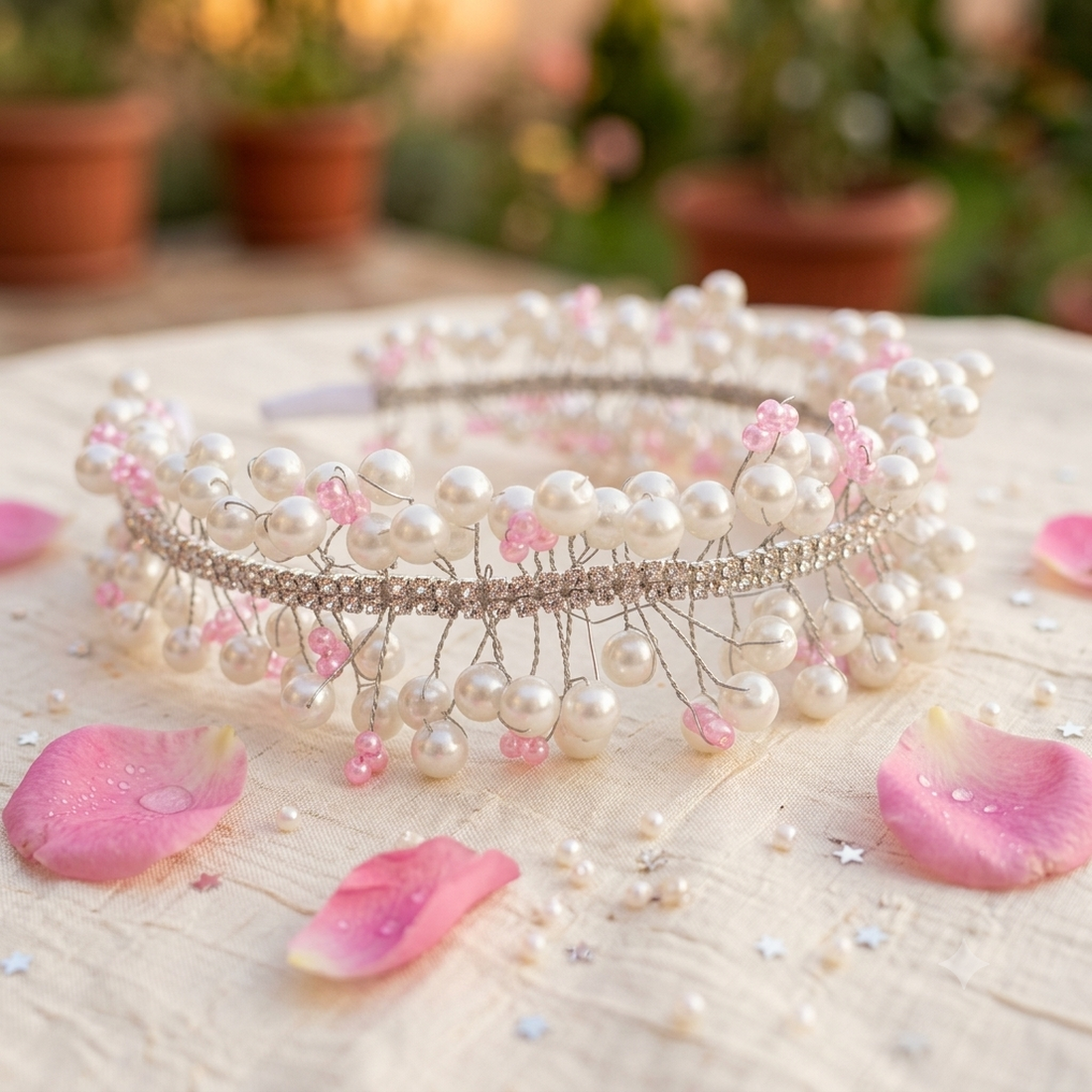 Diademă Elegantă de Mireasă cu Perle Albe, Mărgele Roz și Pietre Strălucitoare � Accesoriu Handmade pentru Păr - accesorii nuntă - accesorii de nuntă - voal mirese - Artynos.ro
