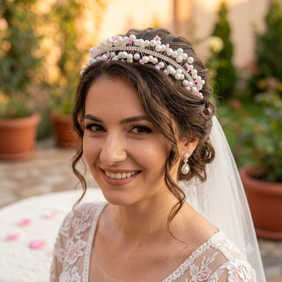 Diademă Elegantă de Mireasă cu Perle Albe, Mărgele Roz și Pietre Strălucitoare � Accesoriu Handmade pentru Păr - accesorii nuntă - accesorii de nuntă - voal mirese - Artynos.ro