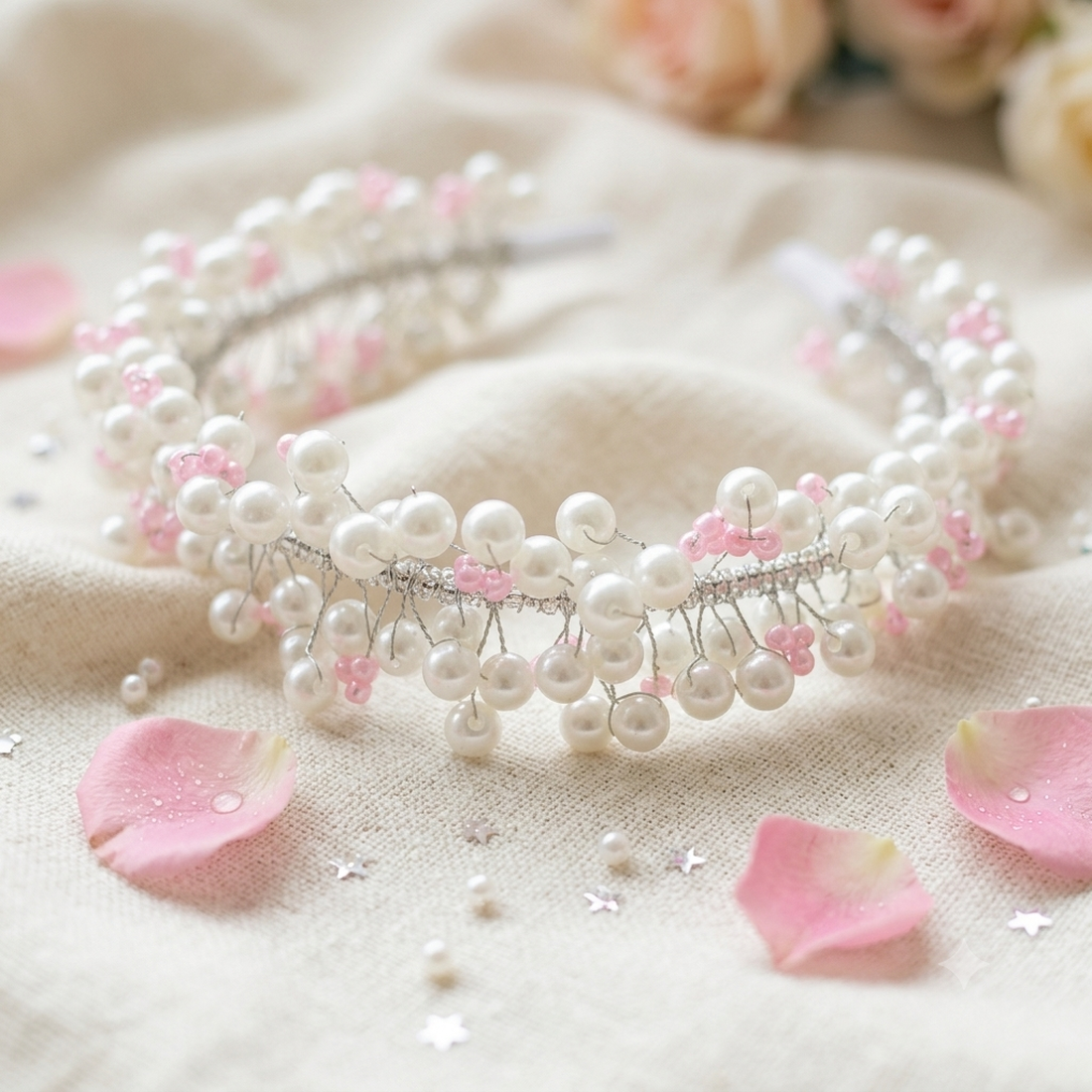 Diademă Elegantă de Mireasă cu Perle Albe, Mărgele Roz și Pietre Strălucitoare � Accesoriu Handmade pentru Păr - accesorii nuntă - accesorii de nuntă - voal mirese - Artynos.ro