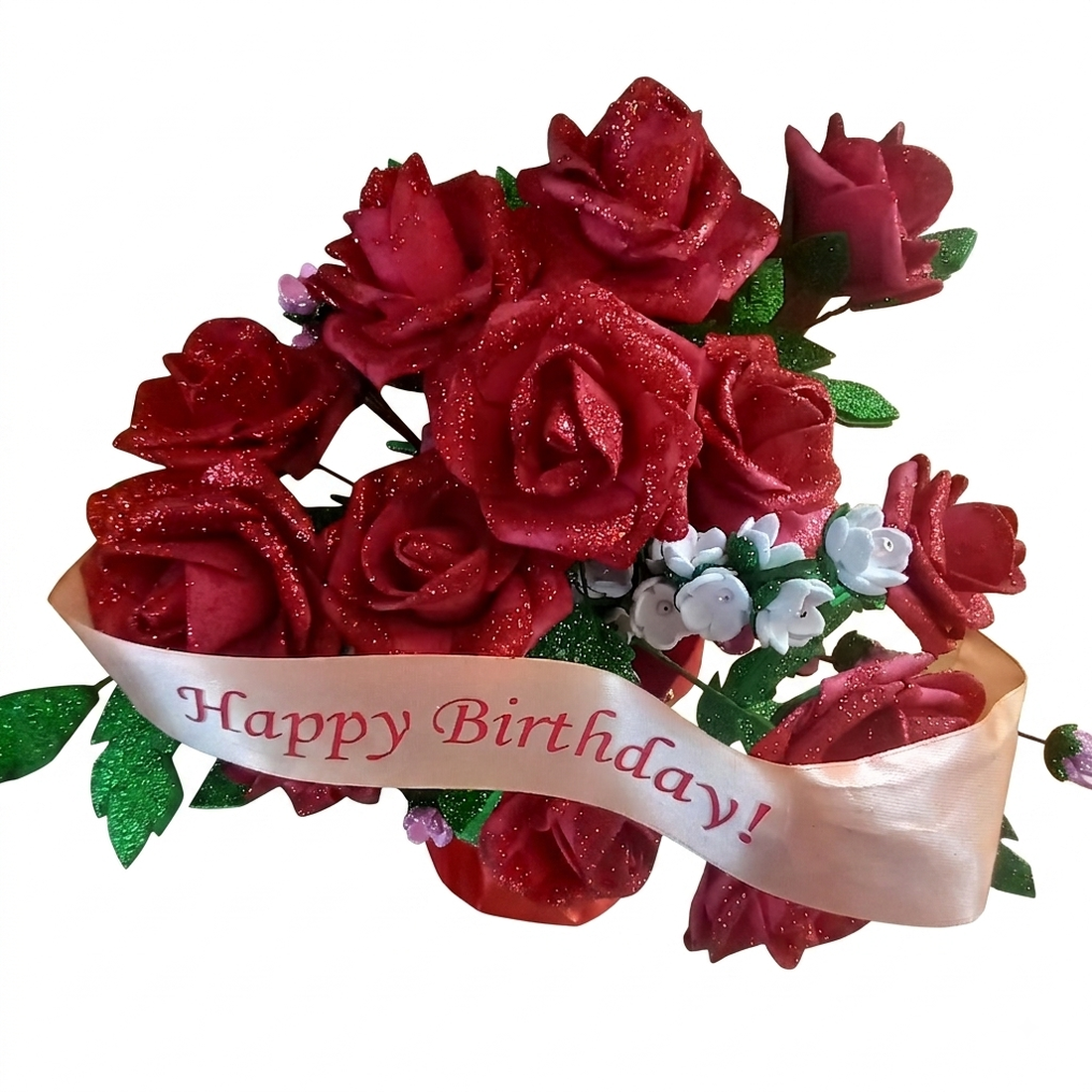 Aranjament Floral Elegant cu Trandafiri Catifelați și Panglică Festivă - casă & stil de viață - decorațiuni de casă - accesorii florale - buchete de flori - Artynos.ro