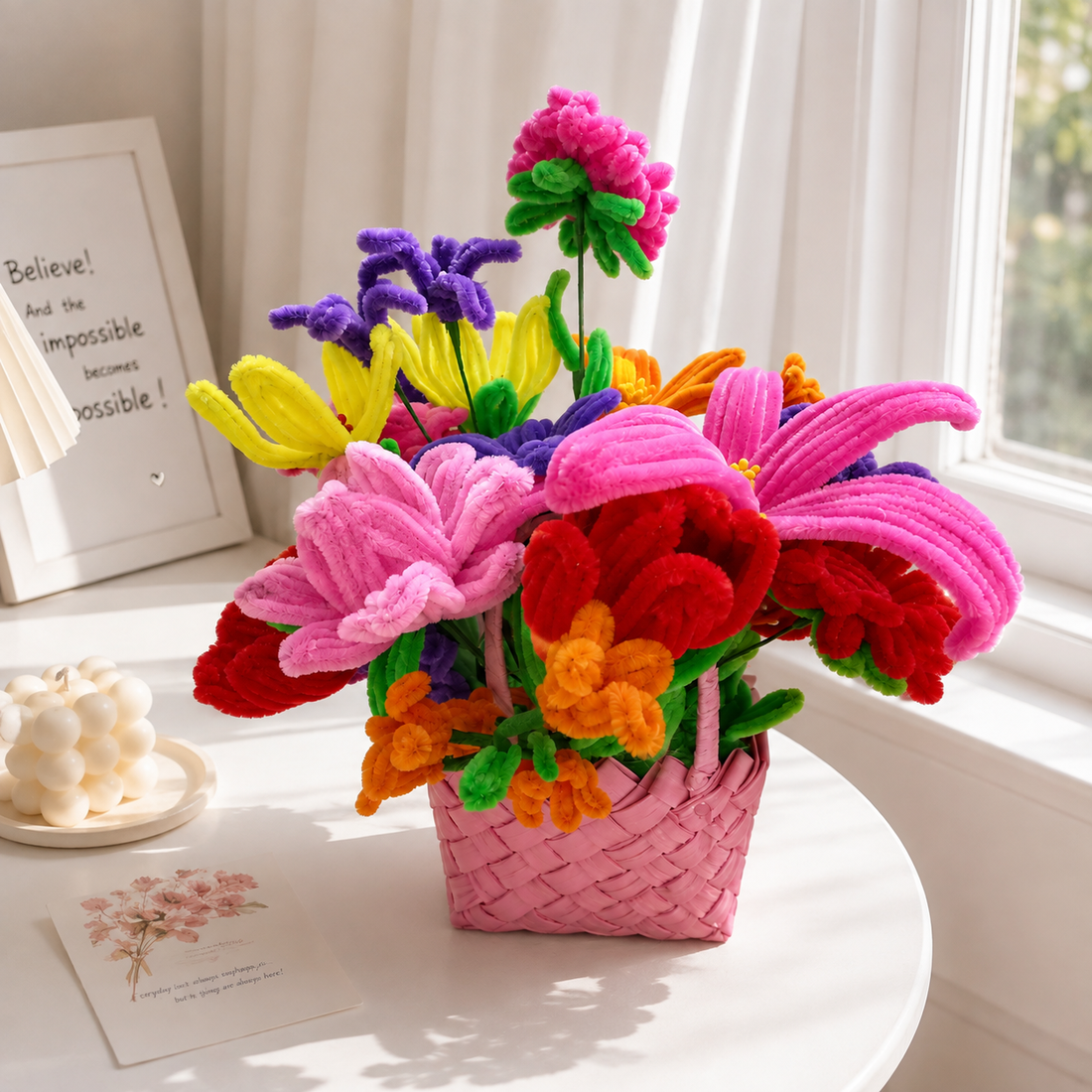 Aranjament Floral Handmade din Sârmă Plușată în Coșuleț Roz   - casă & stil de viață - decorațiuni de casă - accesorii florale - coronițe decor - Artynos.ro