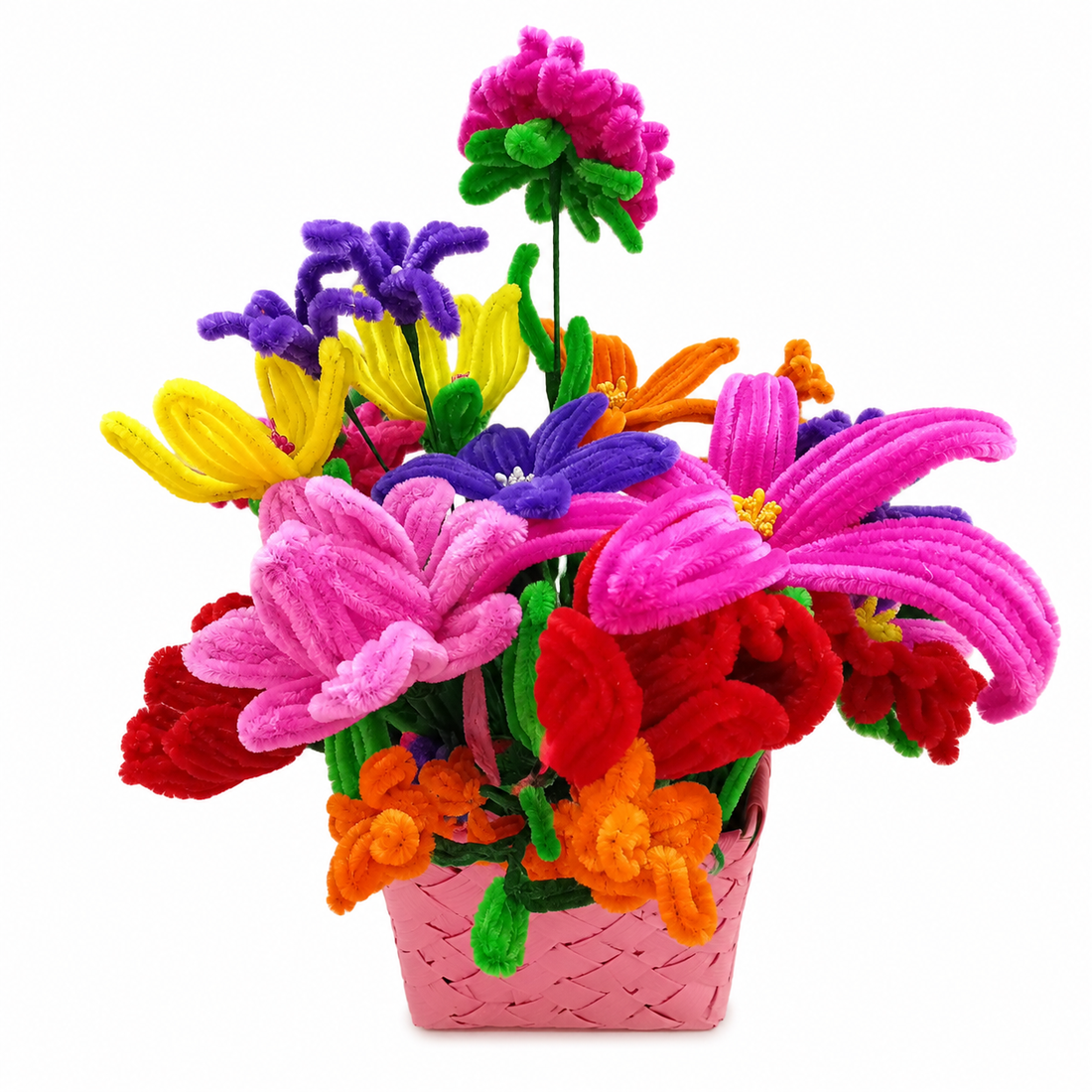 Aranjament Floral Handmade din Sârmă Plușată în Coșuleț Roz   - casă & stil de viață - decorațiuni de casă - accesorii florale - coronițe decor - Artynos.ro