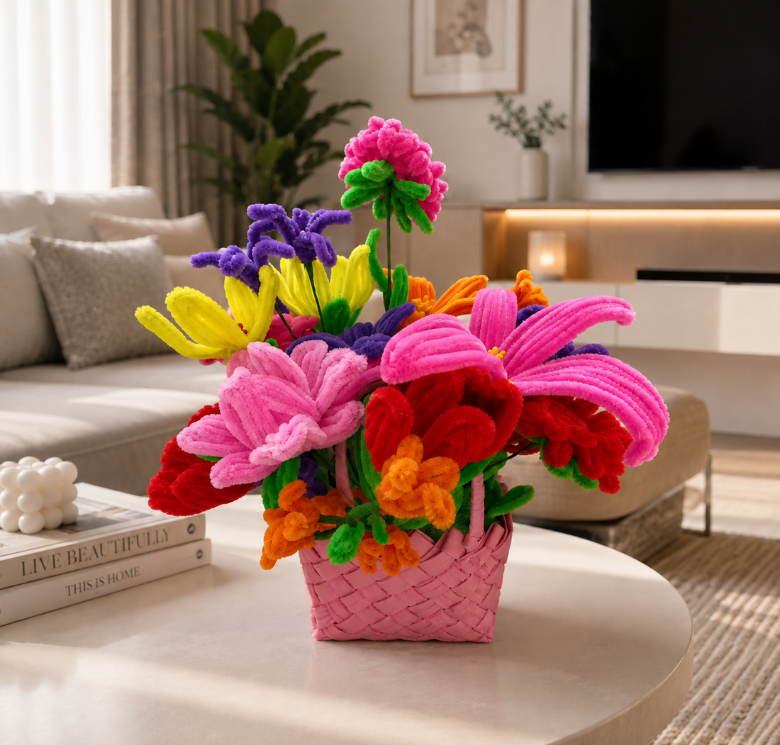 Aranjament Floral Handmade din Sârmă Plușată în Coșuleț Roz   - casă & stil de viață - decorațiuni de casă - accesorii florale - coronițe decor - Artynos.ro