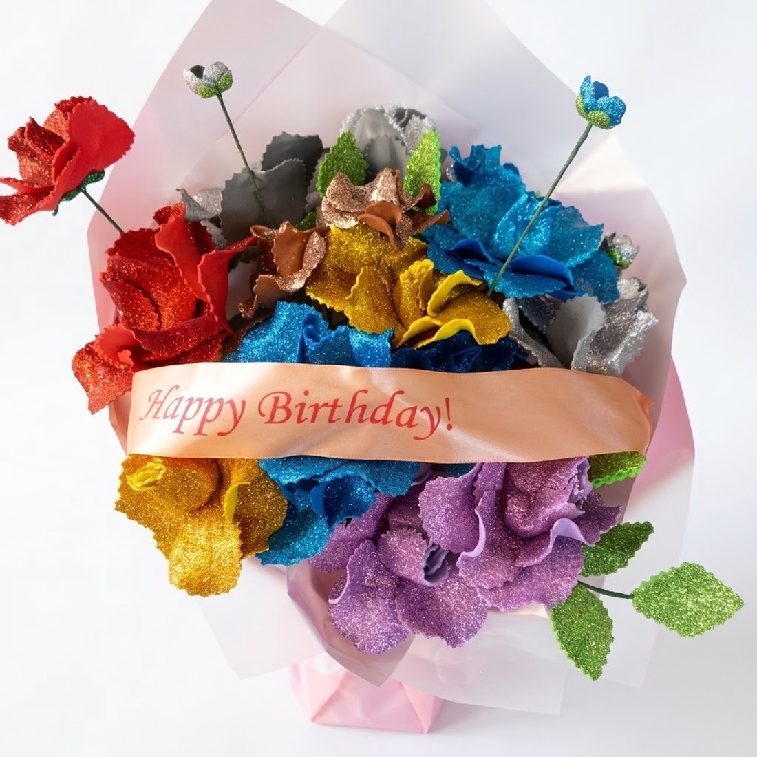 Buchet Artizanal Happy Birthday cu Flori Sclipitoare - casă & stil de viață - decorațiuni de casă - accesorii florale - buchete de flori - Artynos.ro