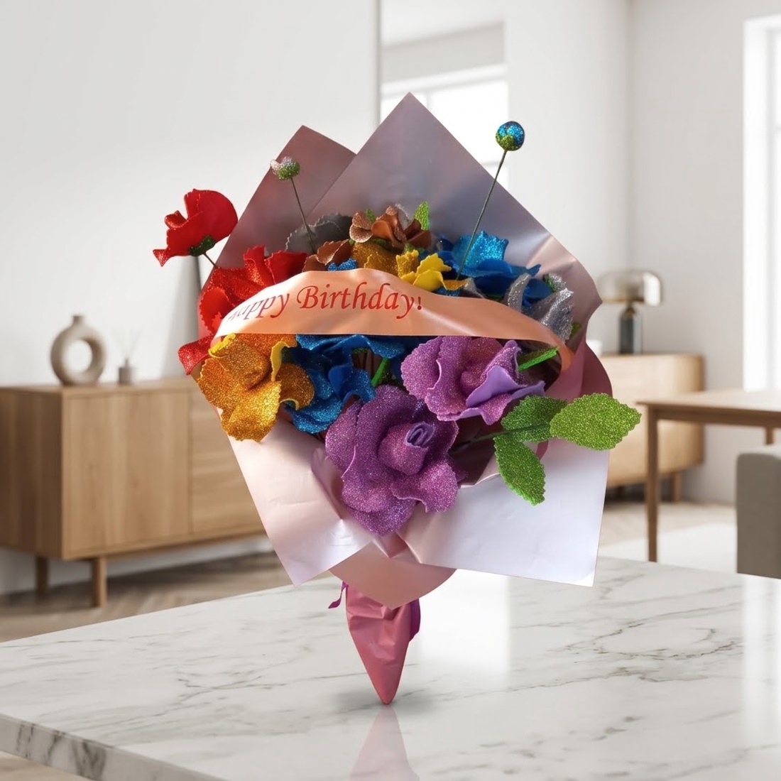 Buchet Artizanal Happy Birthday cu Flori Sclipitoare - casă & stil de viață - decorațiuni de casă - accesorii florale - buchete de flori - Artynos.ro