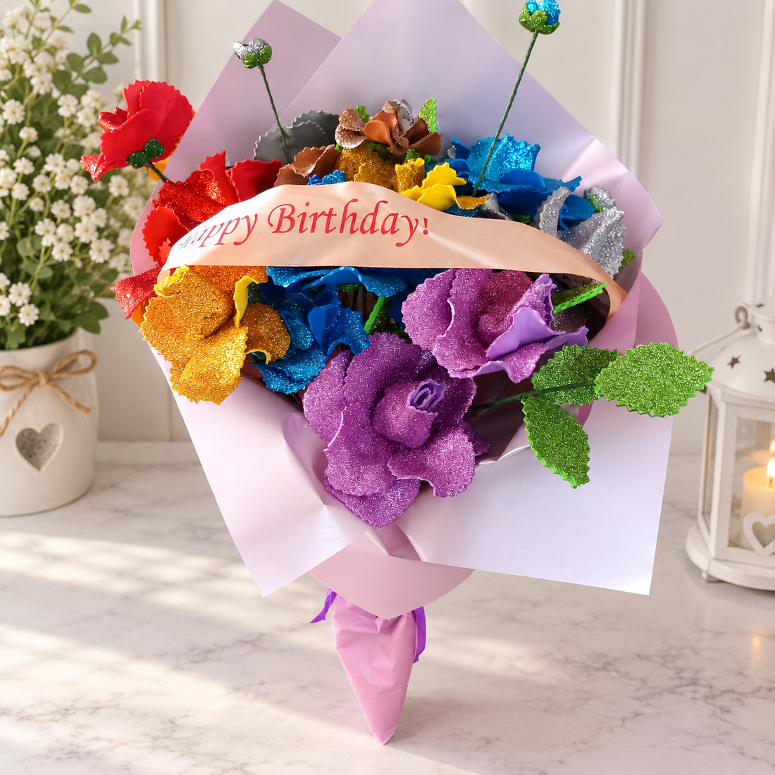 Buchet Artizanal Happy Birthday cu Flori Sclipitoare - casă & stil de viață - decorațiuni de casă - accesorii florale - buchete de flori - Artynos.ro
