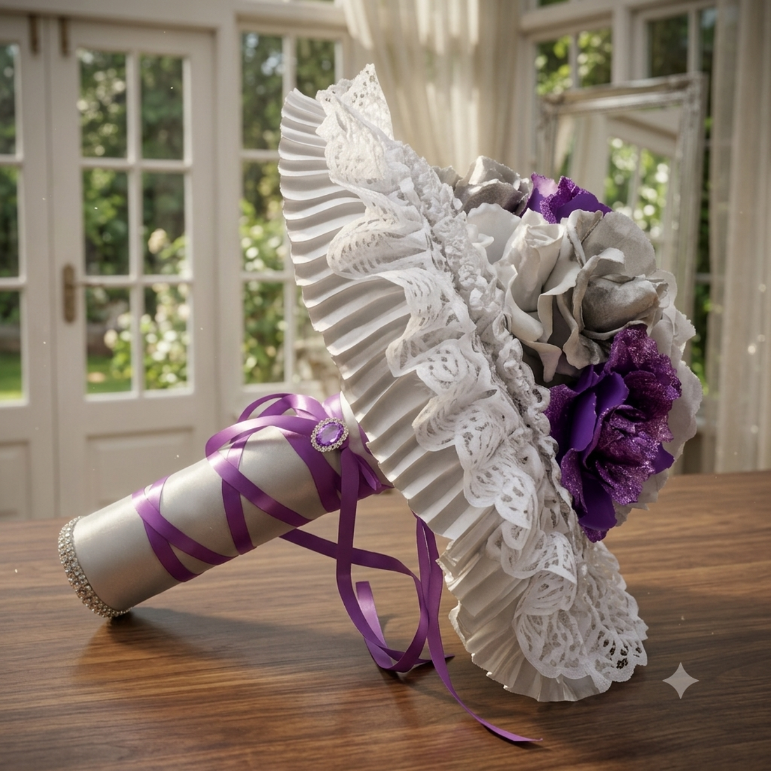 Buchet de Mireasă Hand-Made Eleganță Regală � Nuanțe de Violet și Argintiu - accesorii nuntă - buchet mireasă  - Artynos.ro