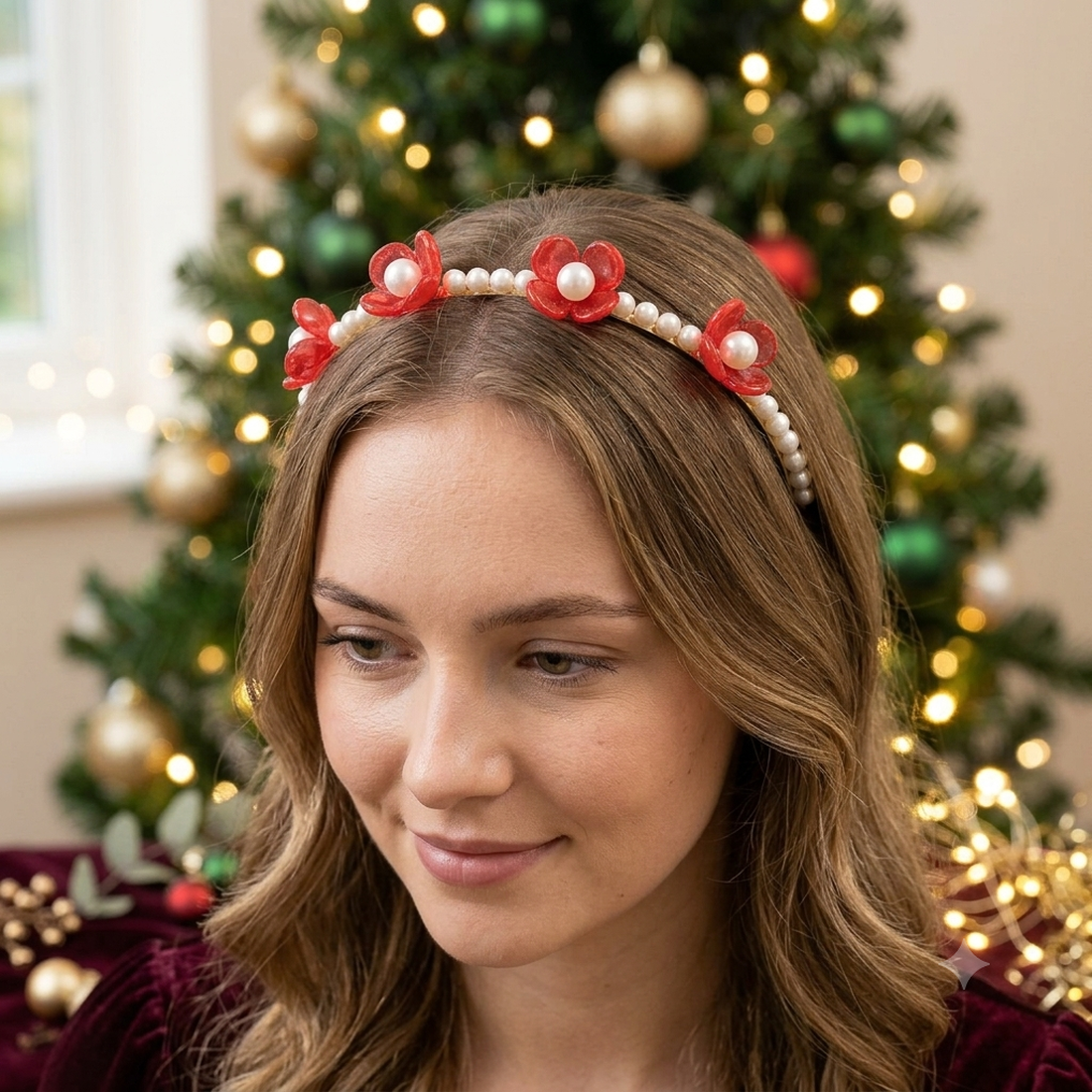 Coroniță Elegantă cu Perle și Flori Roșii - accesorii nuntă - bijuterii mireasă - set bijuterii de mireasă - Artynos.ro