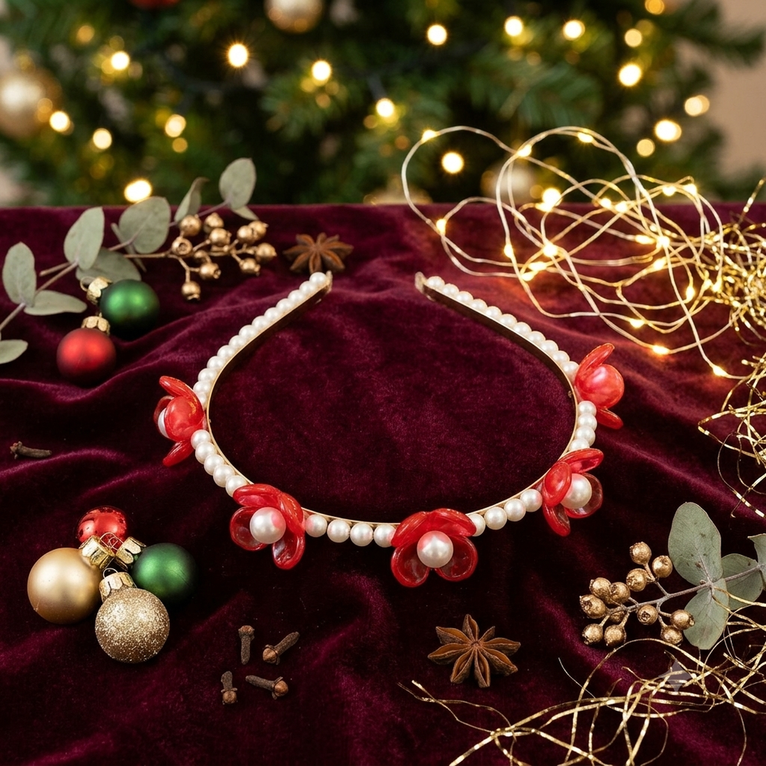 Coroniță Elegantă cu Perle și Flori Roșii - accesorii nuntă - bijuterii mireasă - set bijuterii de mireasă - Artynos.ro