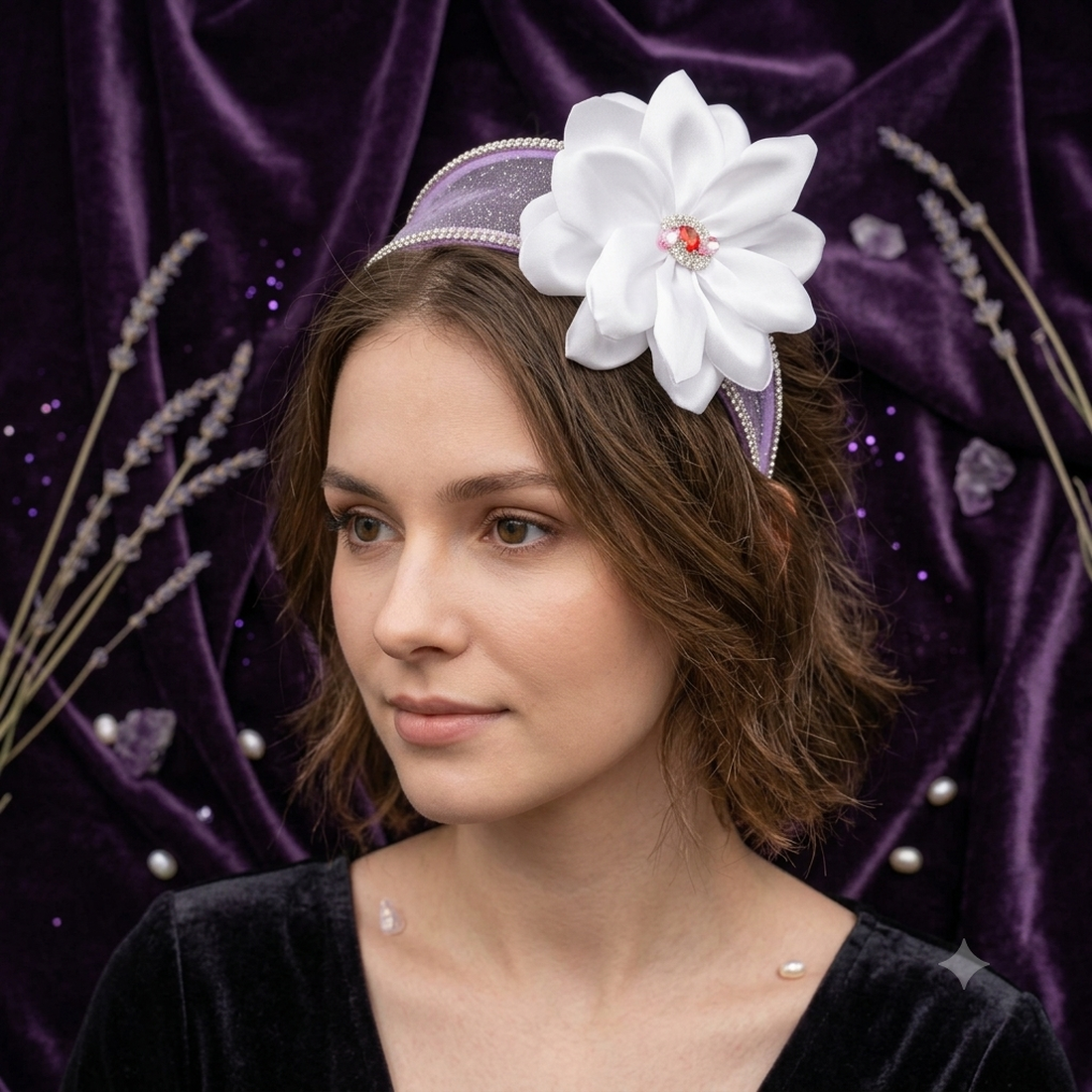 Diademă Handmade Elegantă cu Floare din Satin Alb și Strasuri Strălucitoare - Accesoriu Premium pentru Evenimente - accesorii nuntă - bijuterii mireasă - brățări mireasă  - Artynos.ro
