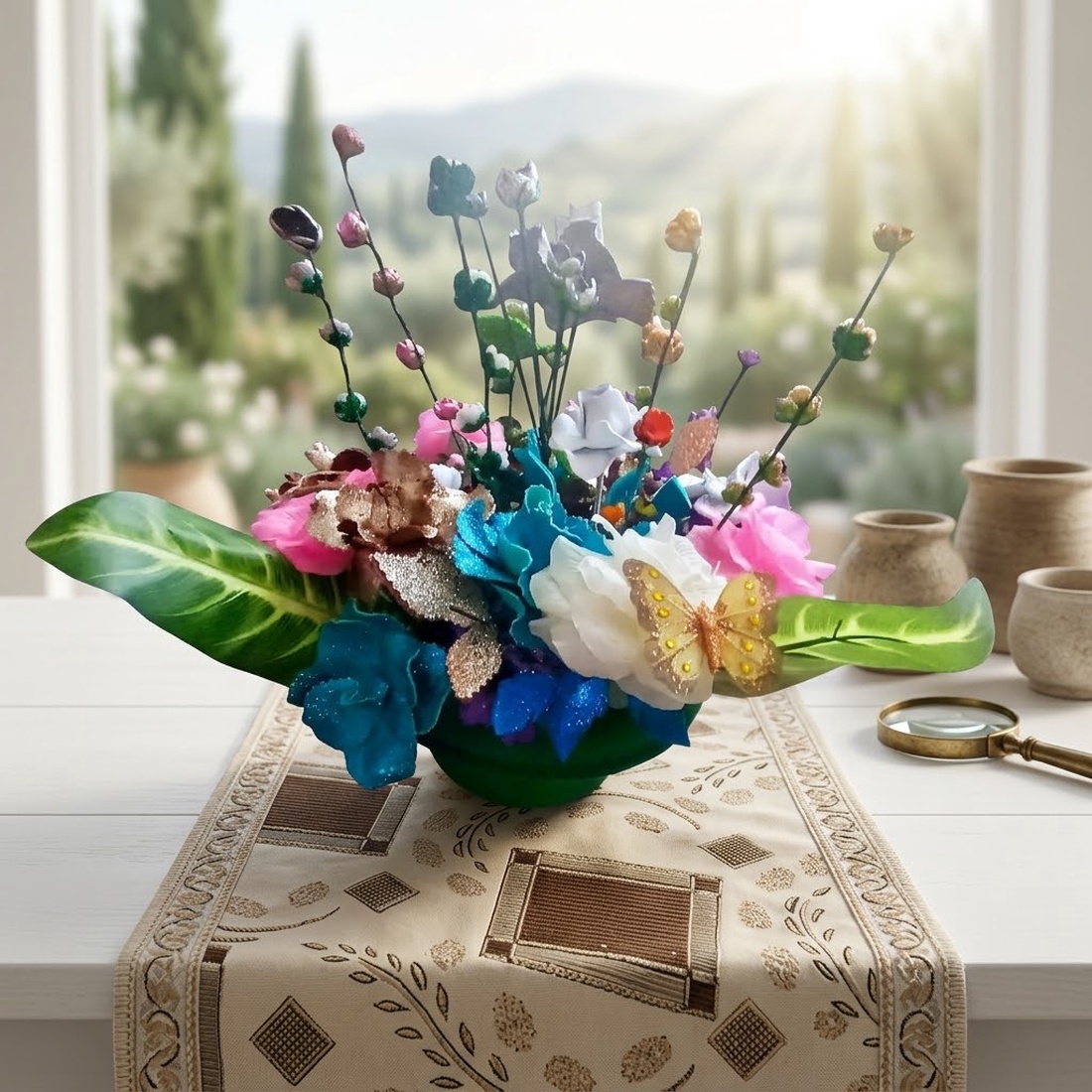 Aranjament Floral Decorativ în Pălărie Verde - casă & stil de viață - decorațiuni de casă - decorațiuni de pereți - decorațiuni cu licheni - Artynos.ro