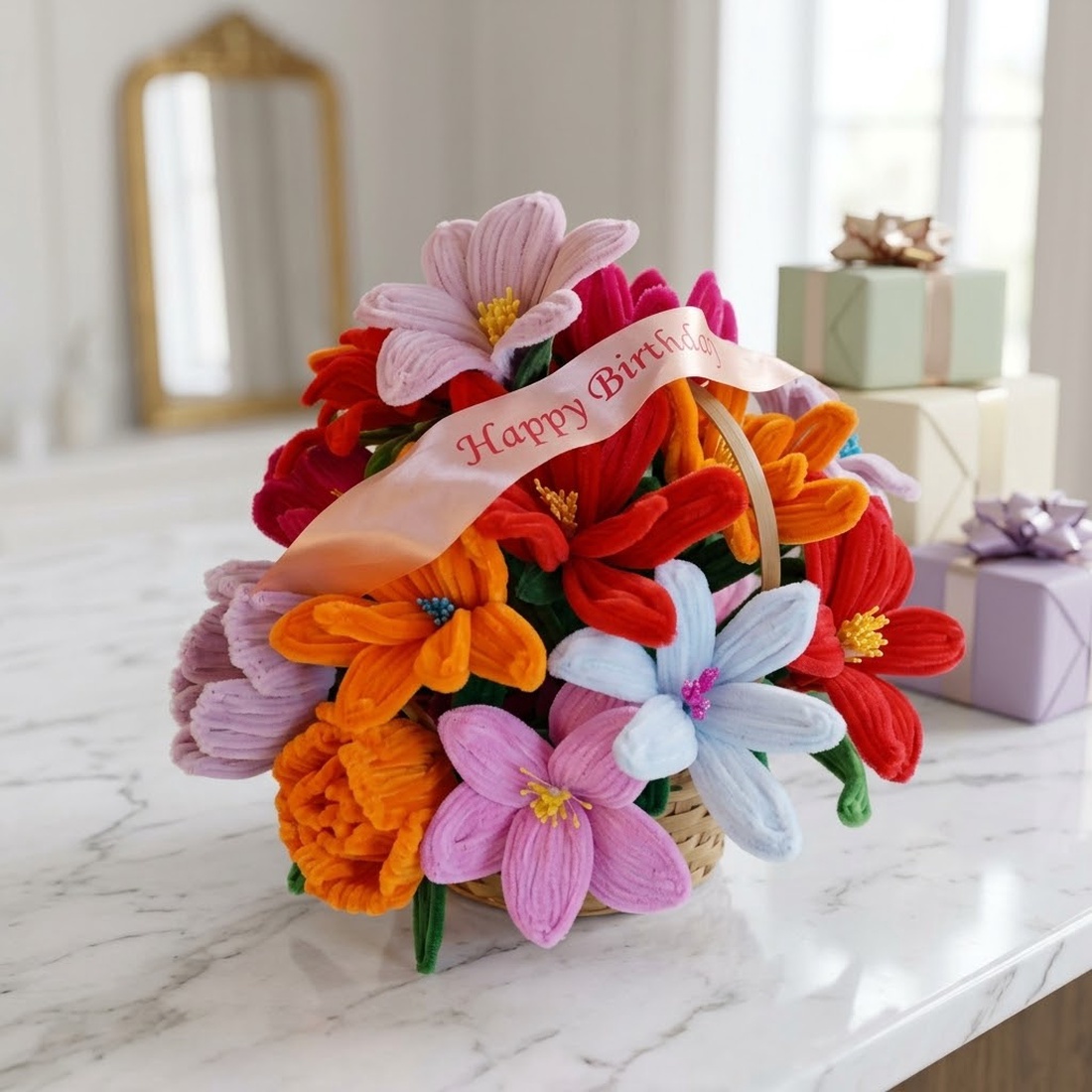 Aranjament Floral Textil Happy Birthday � O Explozie de Culoare - casă & stil de viață - decorațiuni de casă - accesorii florale - buchete de flori - Artynos.ro