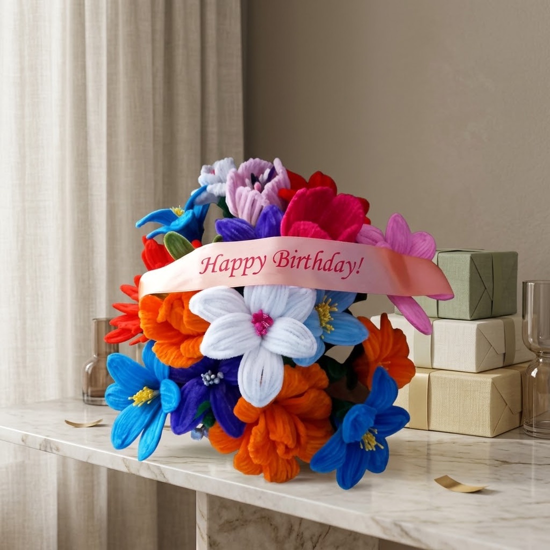 Aranjament Floral Textil Happy Birthday � O Explozie de Culoare - casă & stil de viață - decorațiuni de casă - accesorii florale - buchete de flori - Artynos.ro