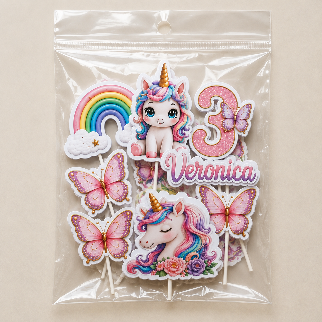 Set toppere Unicorn / Hawaii cu cifra si nume - accesorii nuntă - materiale decor pentru nuntă - decorațiuni tort de nuntă - Artynos.ro