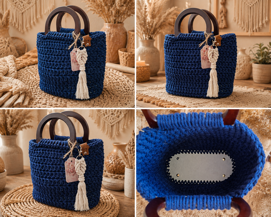 Geantă handmade croșetată albastru regal cu mânere din lemnși ciucure decorativ - genți și portofele - genți de mână și umăr - genți de mână - Artynos.ro