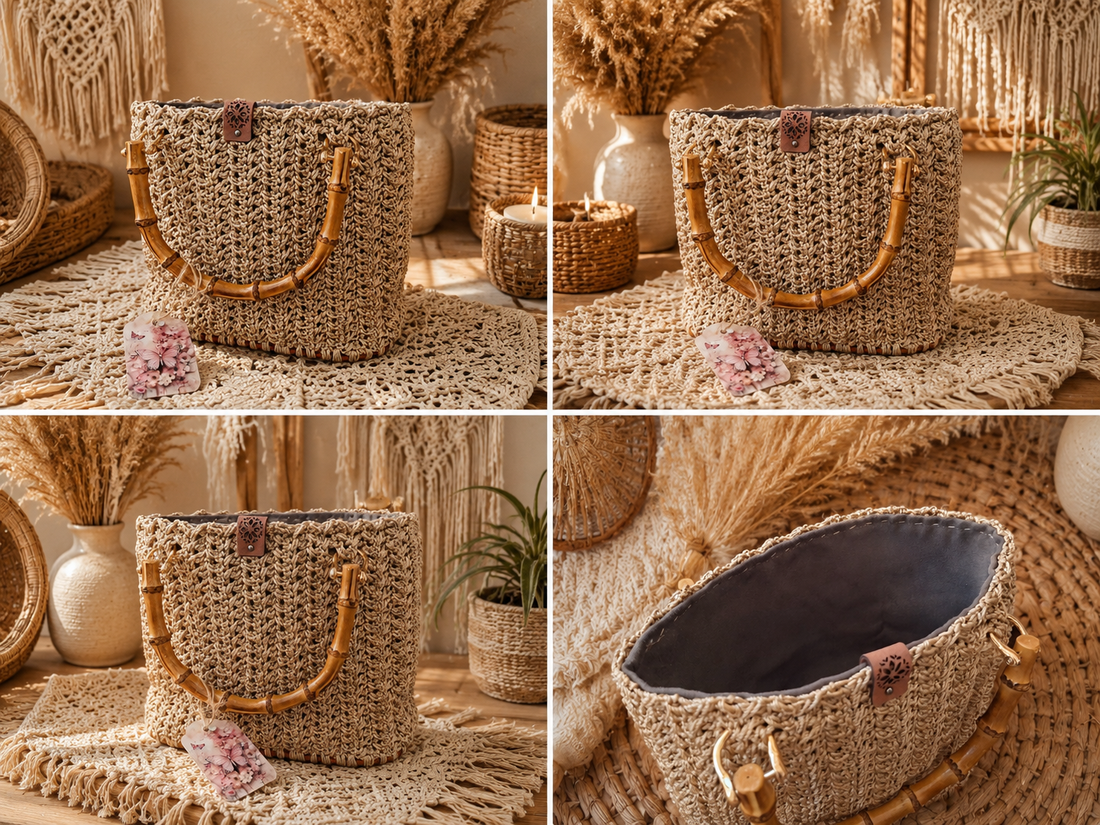 Geantă artizanală bej handmade cu mânere din bambus � Stil Boho Natural - genți și portofele - genți de mână și umăr - geantă casual - Artynos.ro