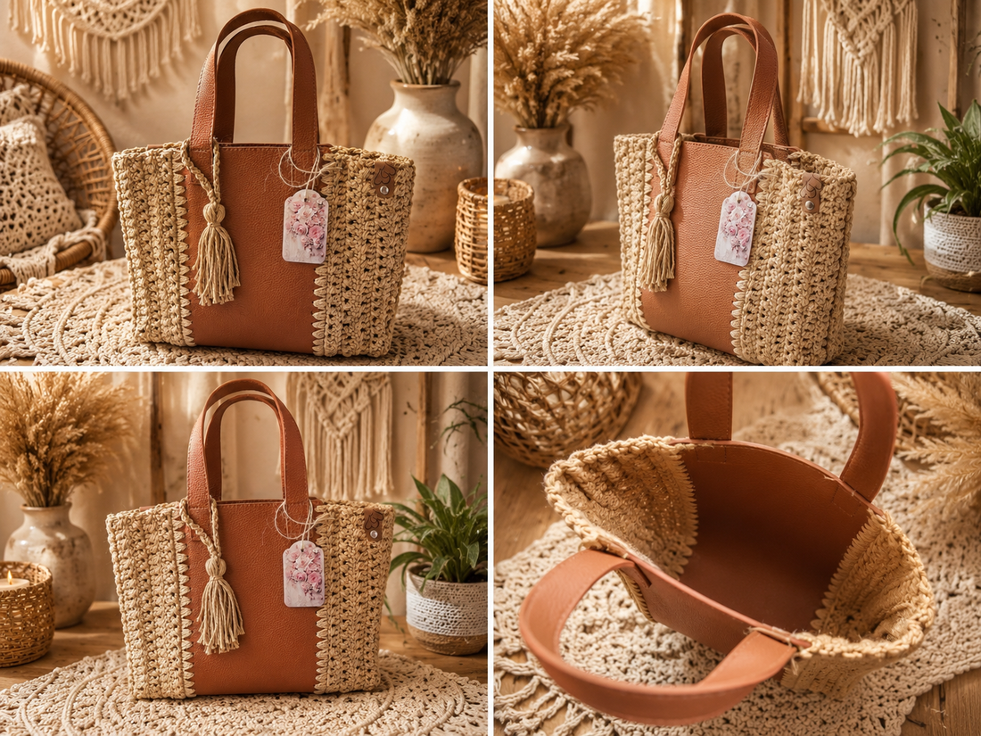 Geantă handmade bej cu inserție din piele ecologică maro � Stil Boho Elegant - genți și portofele - genți de mână și umăr - genți de mână - Artynos.ro