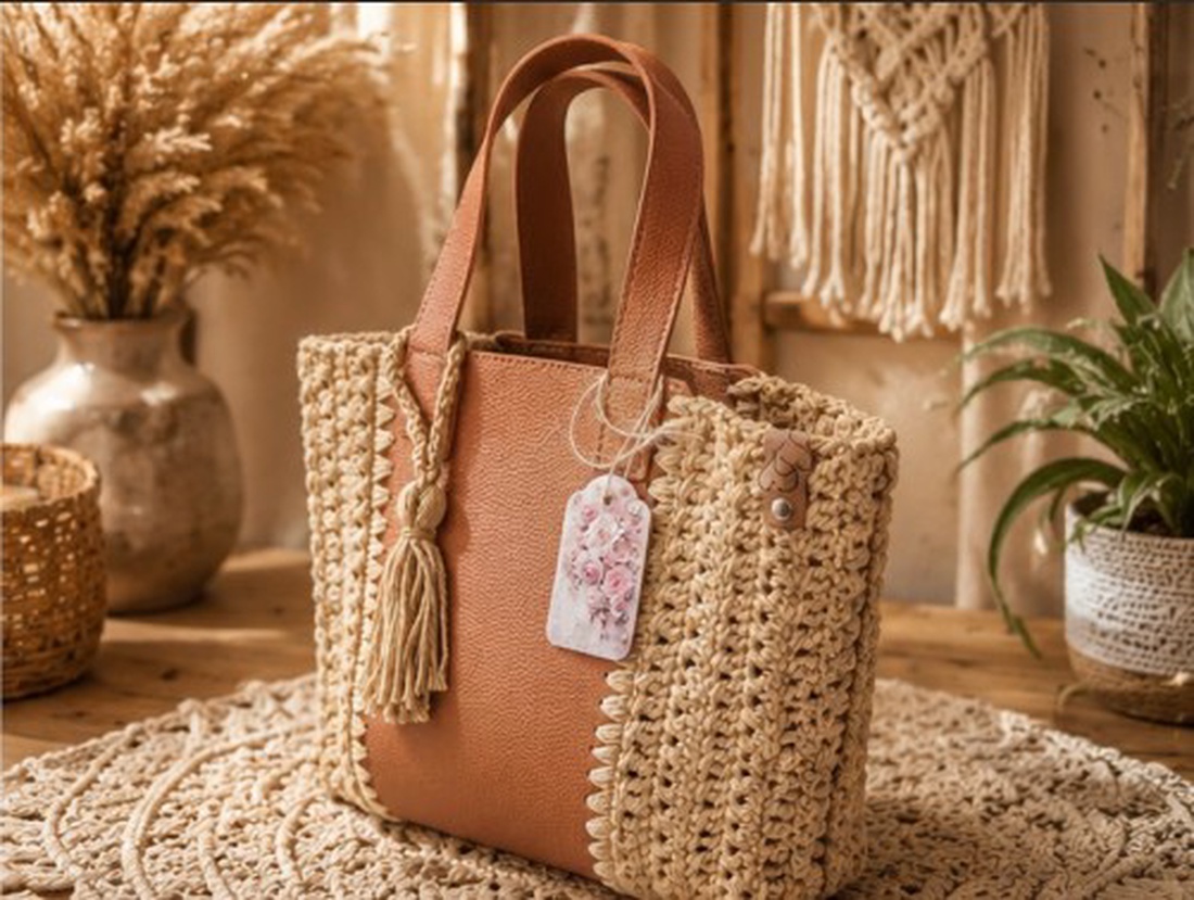 Geantă handmade bej cu inserție din piele ecologică maro � Stil Boho Elegant - genți și portofele - genți de mână și umăr - genți de mână - Artynos.ro