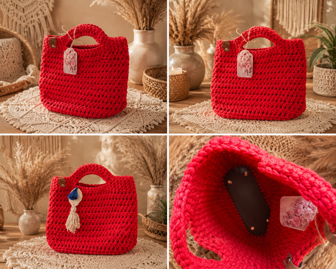 Geantă handmade croșetată roșie � Stil Boho Chic - genți și portofele - genți de mână și umăr - geantă casual - Artynos.ro