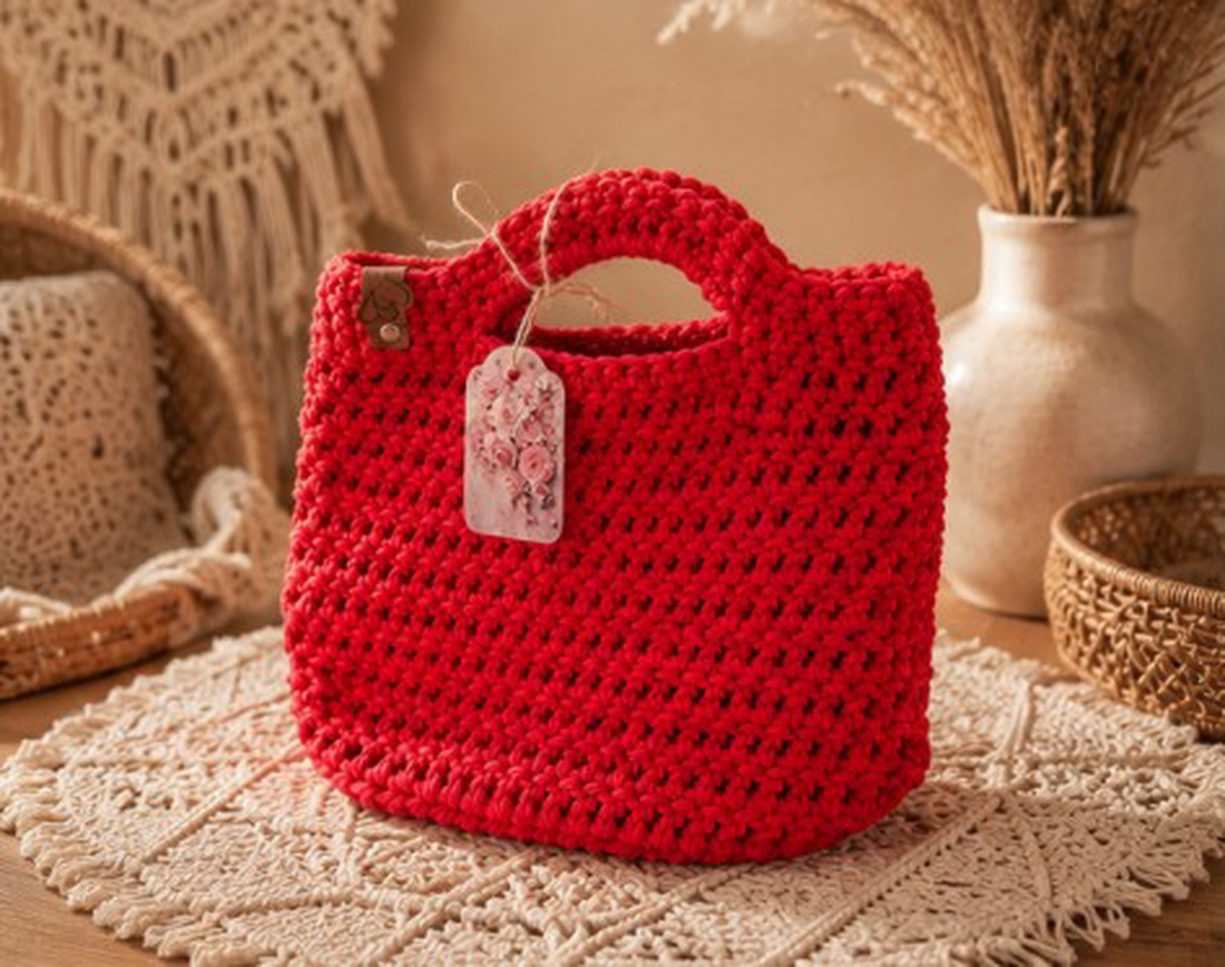 Geantă handmade croșetată roșie � Stil Boho Chic - genți și portofele - genți de mână și umăr - geantă casual - Artynos.ro