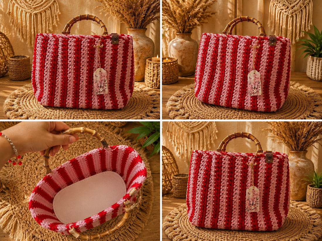 Geantă handmade croșetată în dungi roșu si roz cu mânere din bambus � Stil Boho Chic - genți și portofele - genți de mână și umăr - geantă casual - Artynos.ro