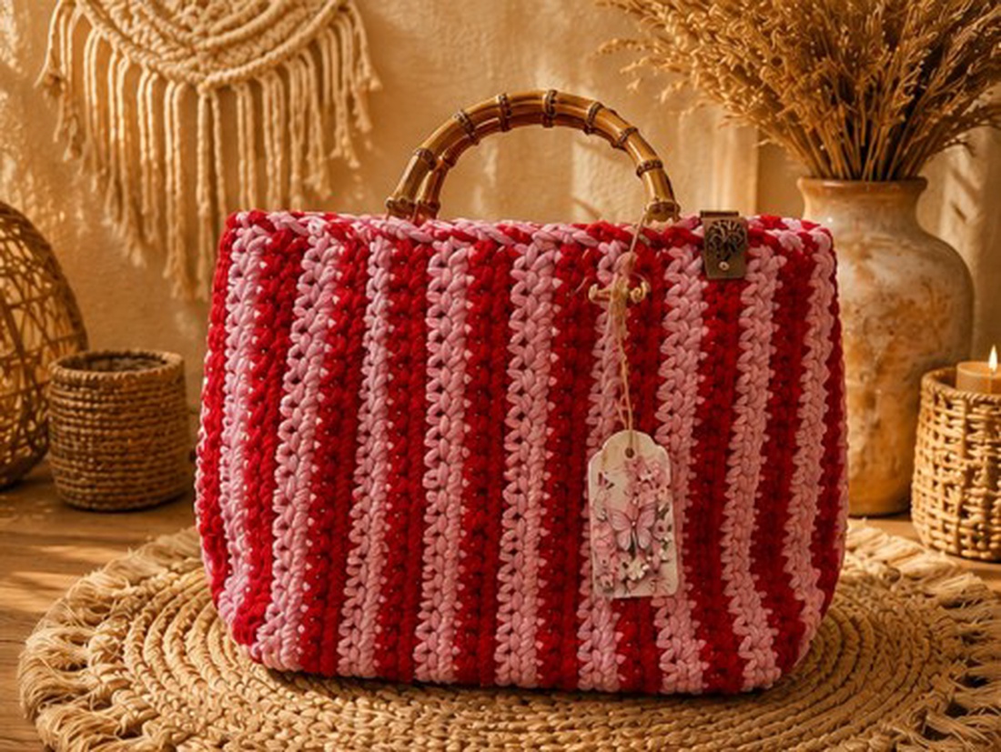 Geantă handmade croșetată în dungi roșu si roz cu mânere din bambus � Stil Boho Chic - genți și portofele - genți de mână și umăr - geantă casual - Artynos.ro