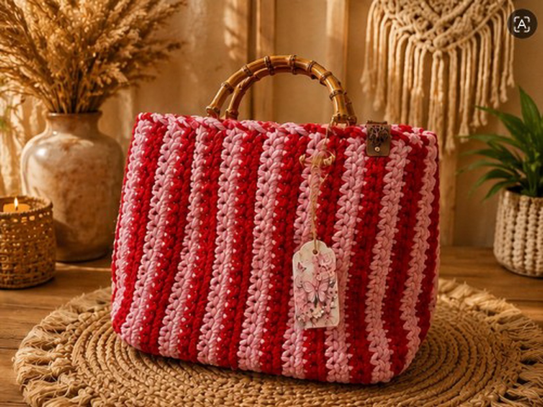 Geantă handmade croșetată în dungi roșu si roz cu mânere din bambus � Stil Boho Chic - genți și portofele - genți de mână și umăr - geantă casual - Artynos.ro