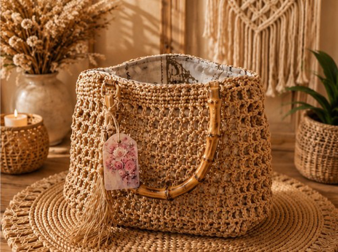 Geantă artizanală din Raffia cu manere din bambus - genți și portofele - genți de mână și umăr - geantă casual - Artynos.ro