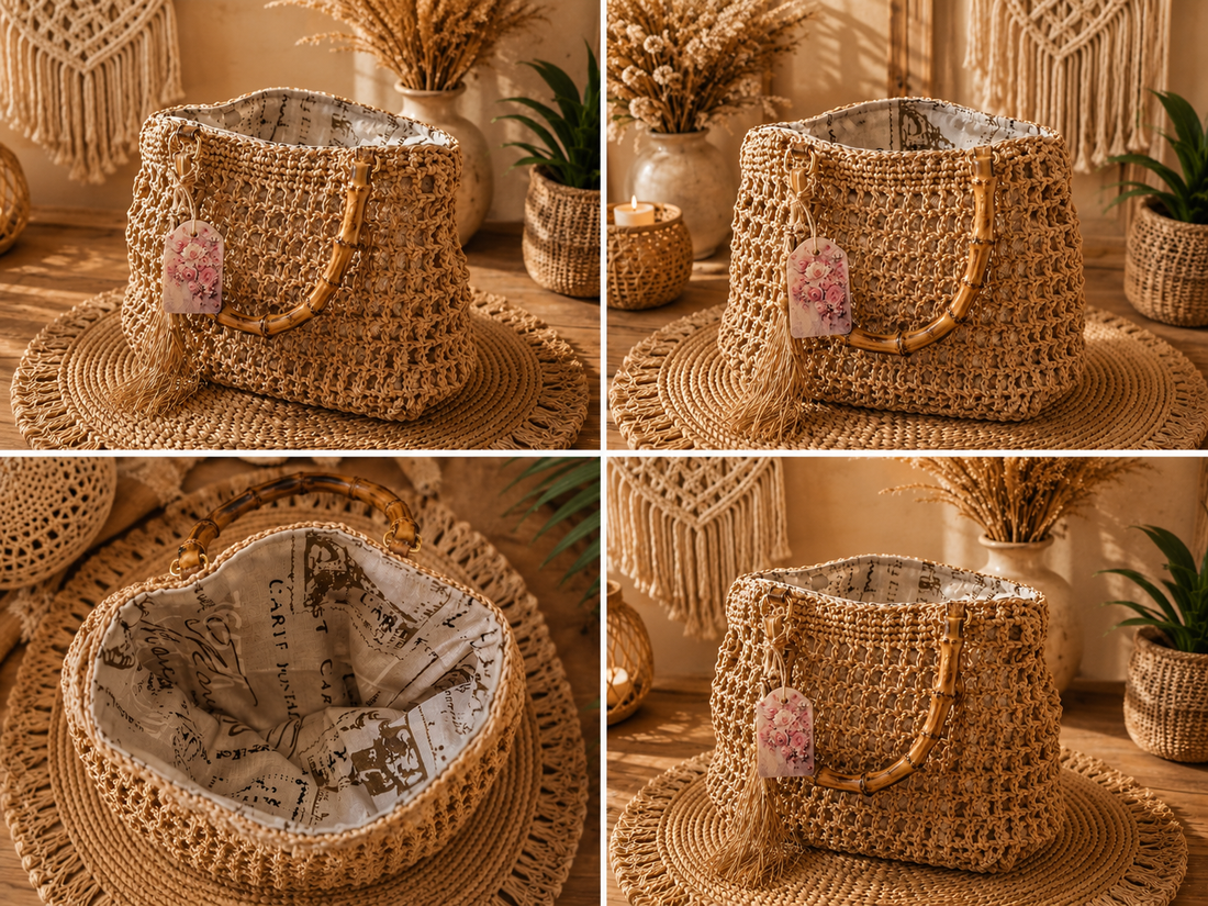 Geantă artizanală din Raffia cu manere din bambus - genți și portofele - genți de mână și umăr - geantă casual - Artynos.ro