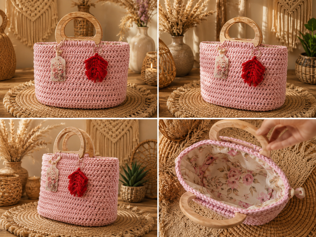 Geantă artizanală roz pudrat din macrame cu mânere din lemn - genți și portofele - genți de mână și umăr - geantă casual - Artynos.ro