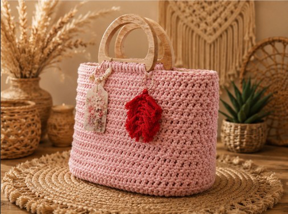 Geantă artizanală roz pudrat din macrame cu mânere din lemn - genți și portofele - genți de mână și umăr - geantă casual - Artynos.ro