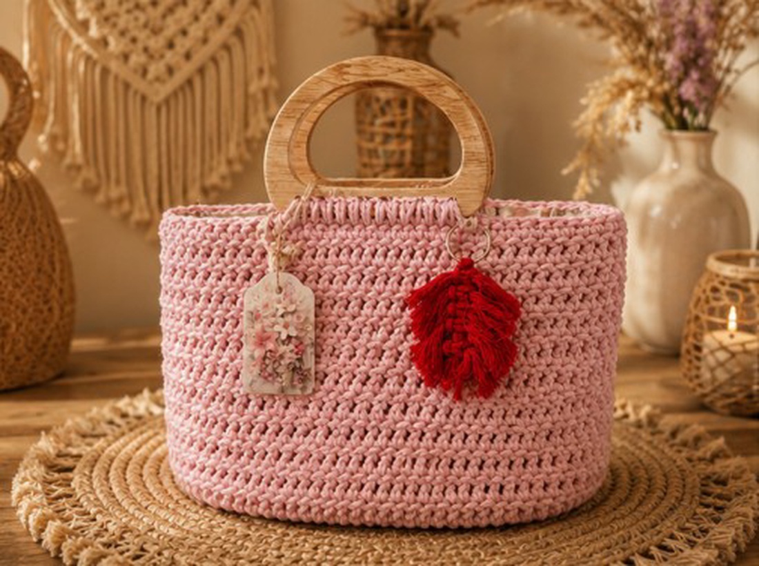 Geantă artizanală roz pudrat din macrame cu mânere din lemn - genți și portofele - genți de mână și umăr - geantă casual - Artynos.ro