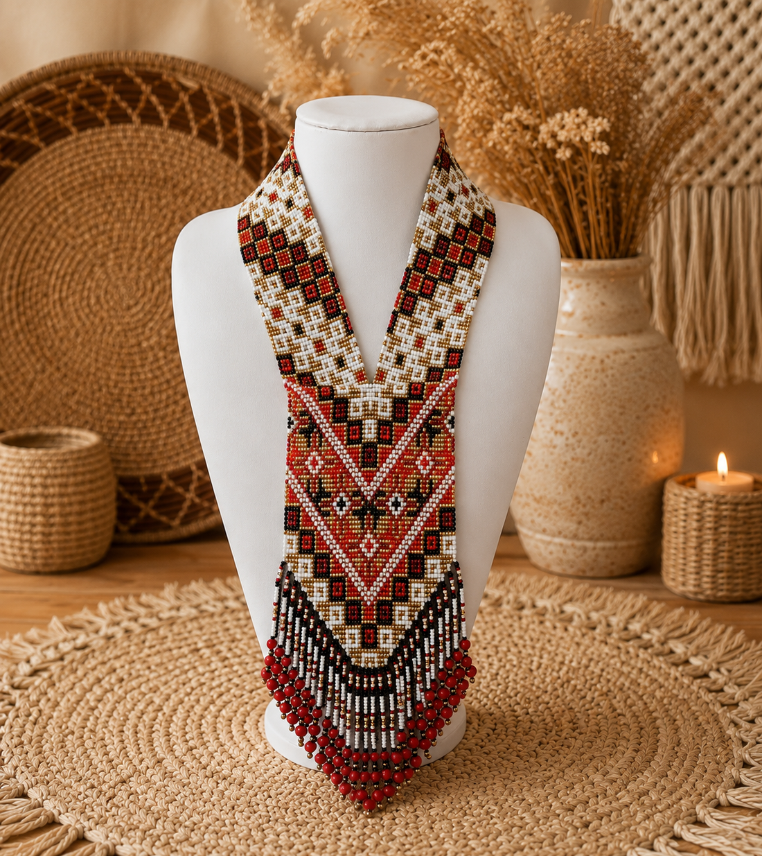 Colier etnic handmade din mărgele � model tradițional cu franjuri roșii - bijuterii - coliere - coliere din mărgele - Artynos.ro