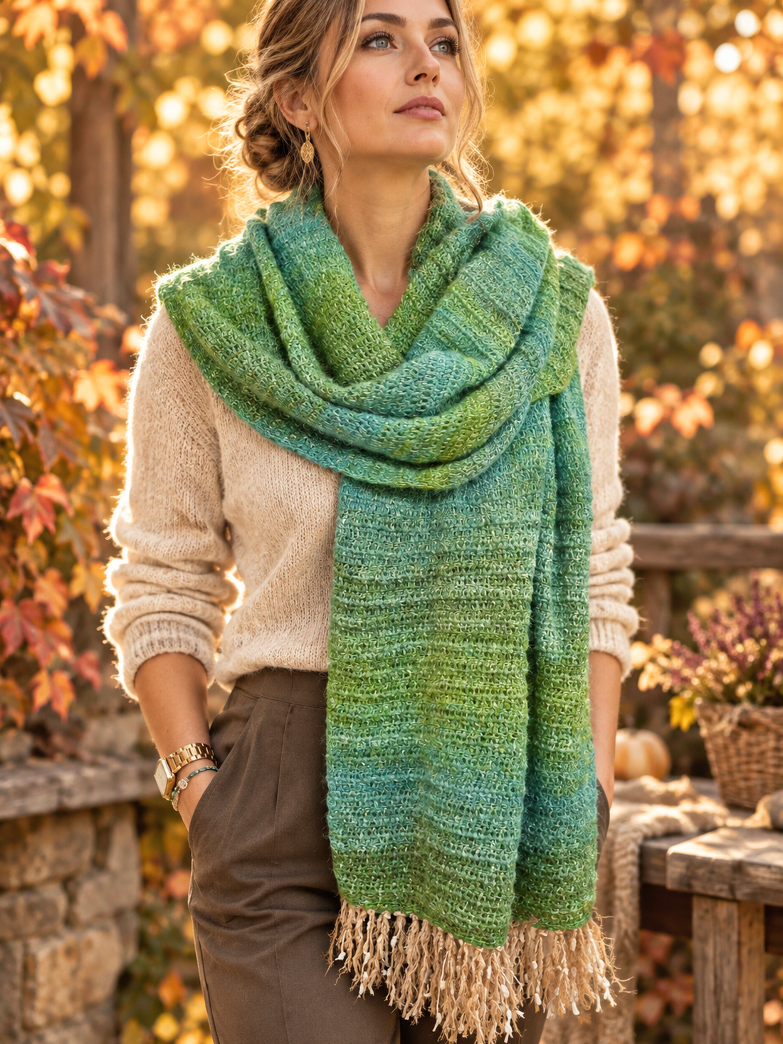 Șal Handmade din Mohair Verde � Eșarfă cu Franjuri, Lucrată Manual - îmbrăcăminte și modă - eșarfe, pălării, fularuri - șaluri - Artynos.ro