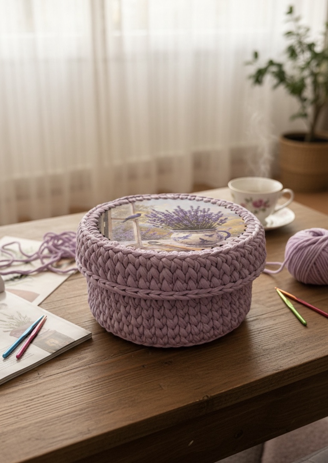 Cos Organizator Crosetat Manual - Lavender Serenity - 100% Bumbac si Lemn - casă & stil de viață - decorațiuni de casă - decorațiuni de masă și rafturi - decorațiuni de masă - Artynos.ro