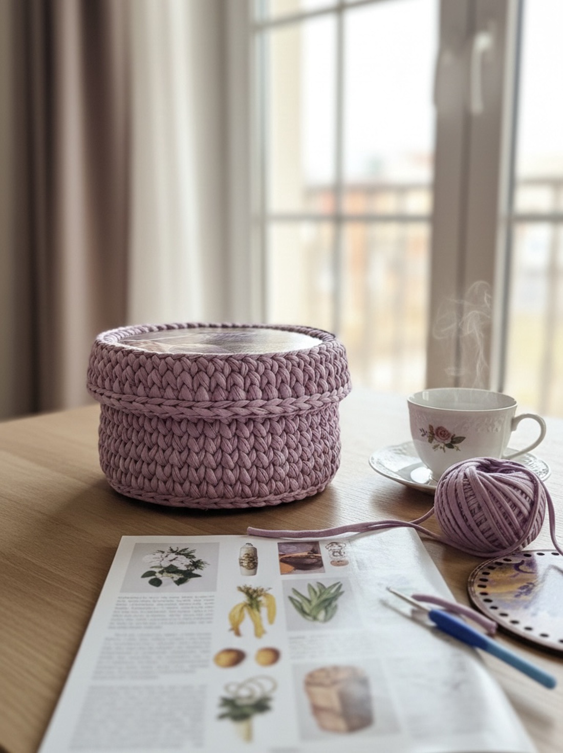 Cos Organizator Crosetat Manual - Lavender Serenity - 100% Bumbac si Lemn - casă & stil de viață - decorațiuni de casă - decorațiuni de masă și rafturi - decorațiuni de masă - Artynos.ro